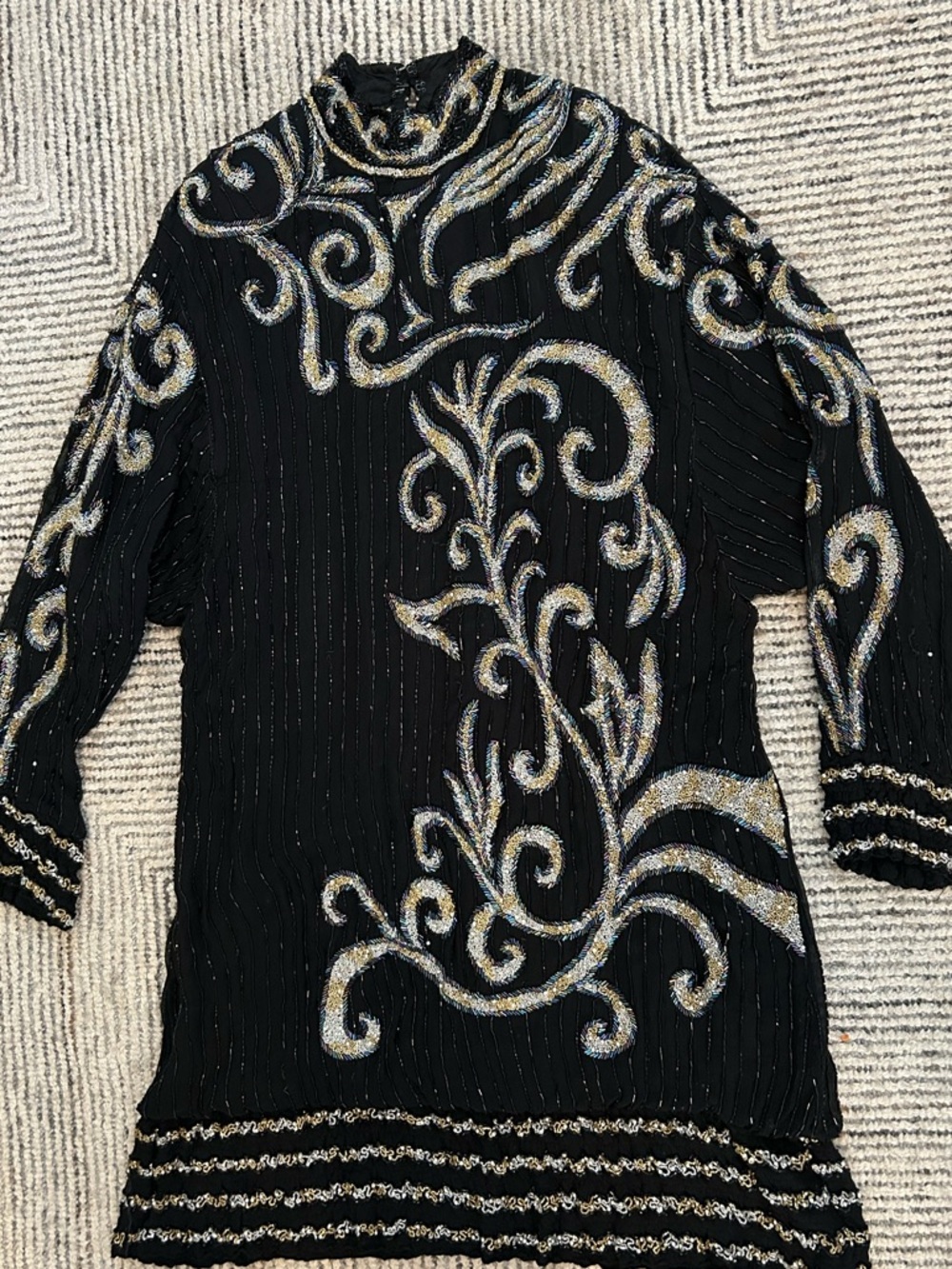 Judith Ann Creations Black Beaded Scroll Tunic Dress Vintage 80s Glam Mock Neck